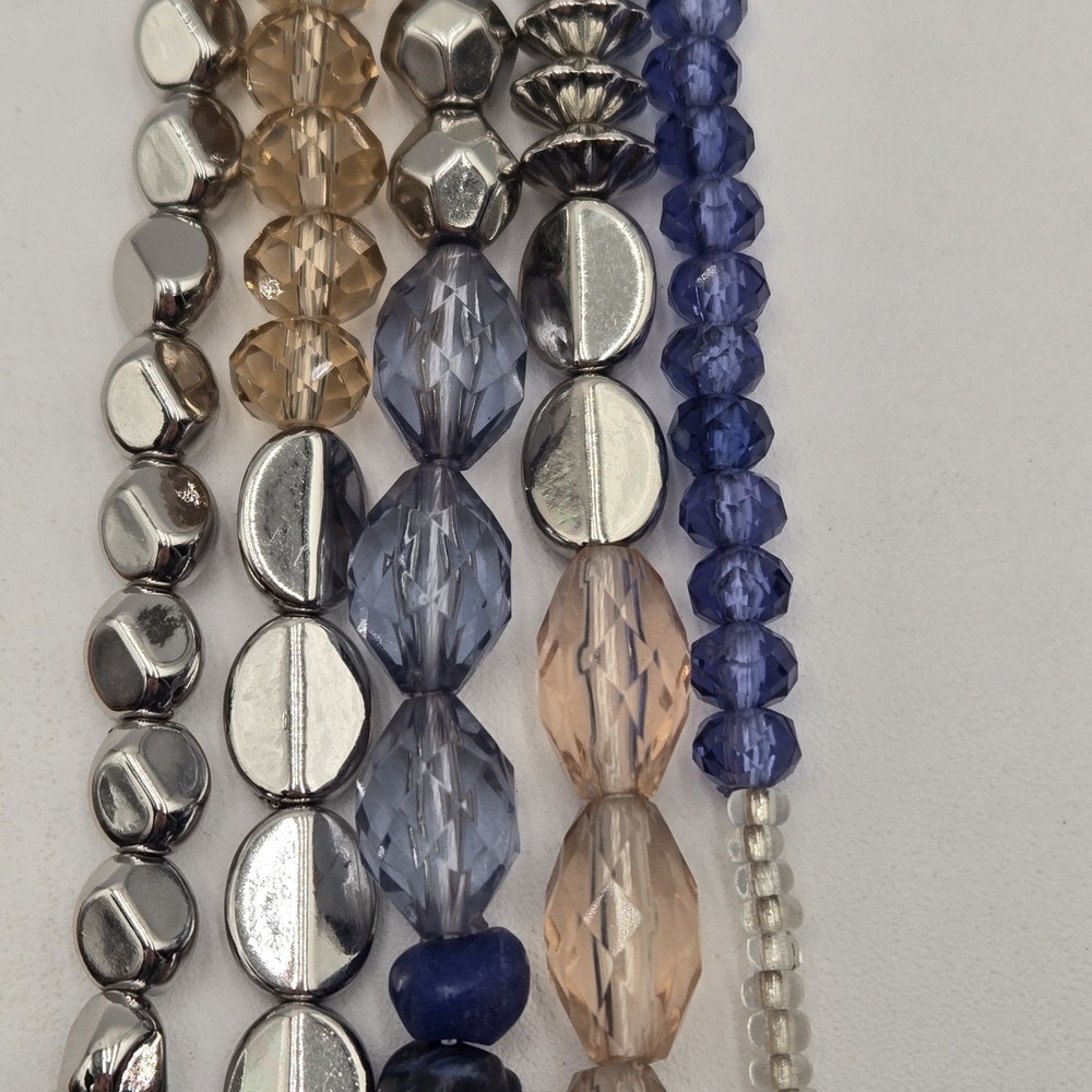 Layered Blue Silver-tone Clear Pale Peach Beaded Chunky Boho Adjustable Necklace - Picture 9 of 12